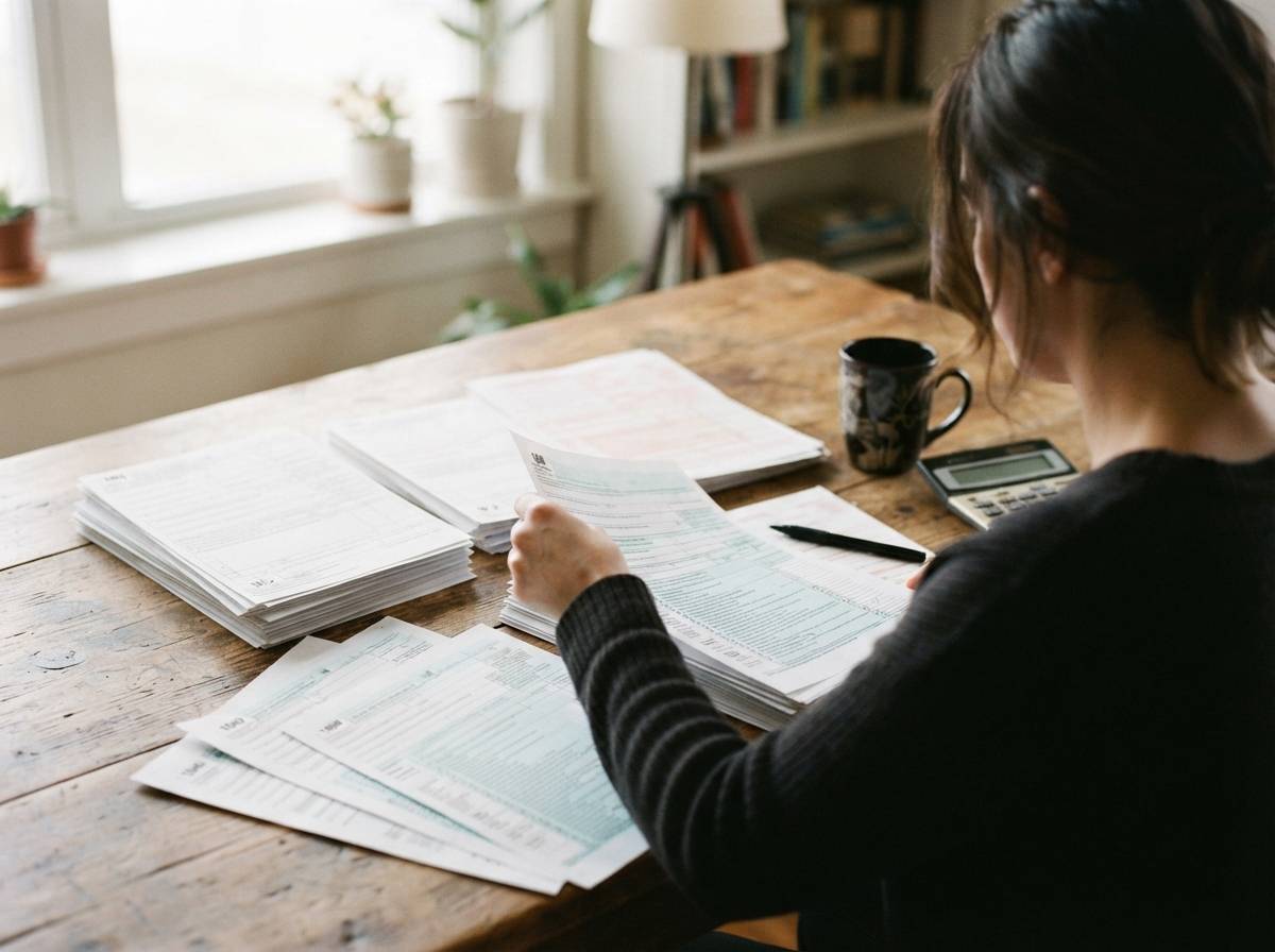 Close up of hands sorting tax documents including W2 and 1099 forms on a desk with a calculator.