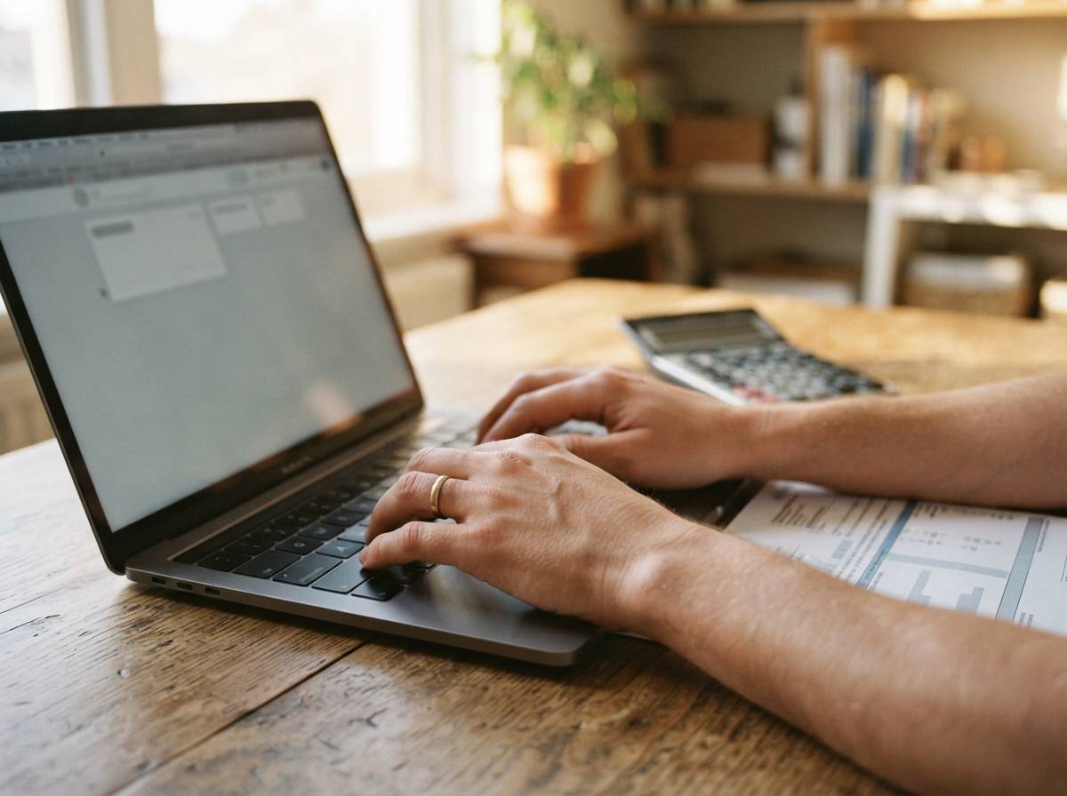 Close up of hands typing on a laptop next to a bank statement and calculator on a desk.