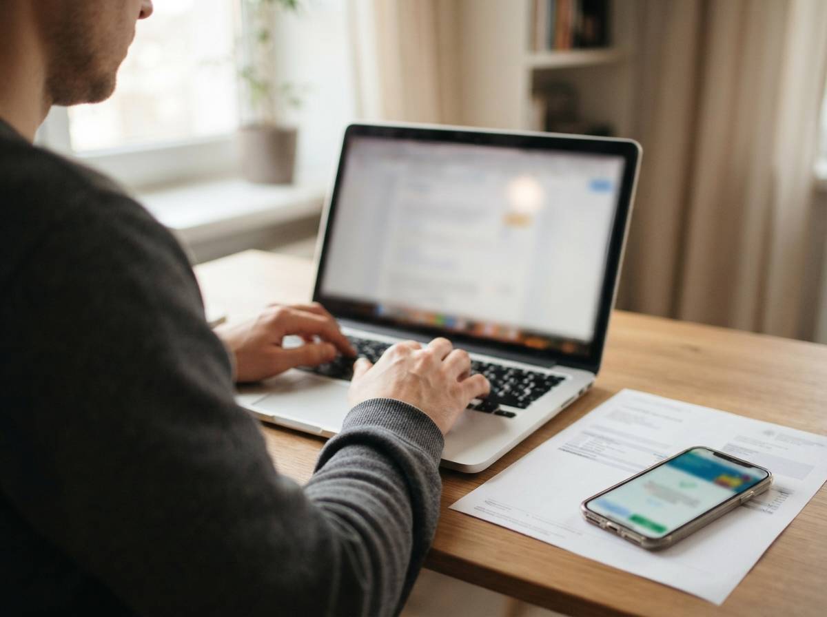 Close up of hands typing on a laptop next to a bank statement and phone during an online transfer.