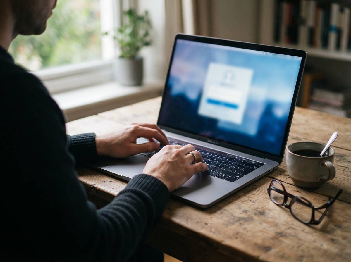 Close up of hands typing on a laptop while logging into an online savings account.
