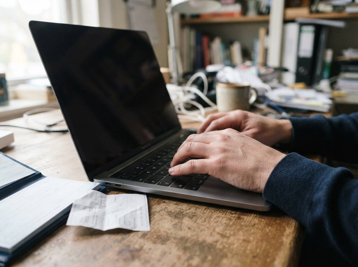 Close up of hands typing on a laptop with banking documents nearby on a desk.