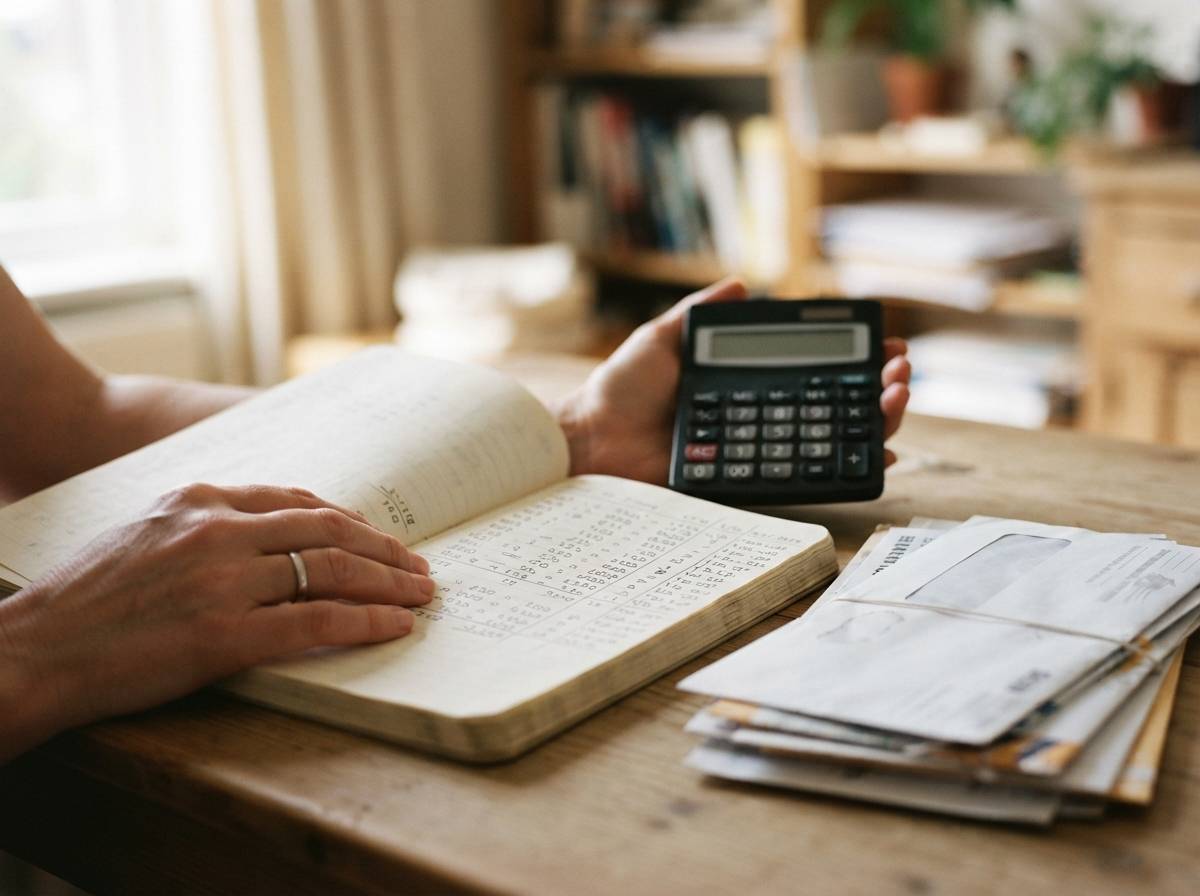 Close up of hands using a calculator and notebook to compare savings account interest rates.
